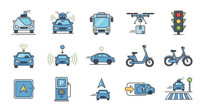 Set of icons representing autonomous vehicles and future transportation.
