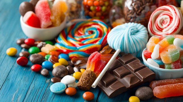 assortment including gummies chocolate bars and lollipops scattered across vibrant table surface