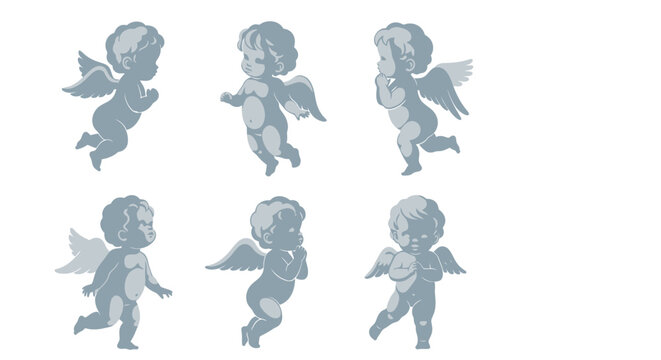 Set of six blue cherub silhouettes on white background