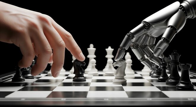 A human hand and a robotic hand compete in a game of chess with black and white pieces on a dark background.