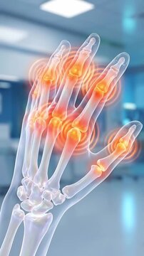 Joint pain inflammation hand finger arthritis xray medical concept featuring bone skeleton radiology diagnosis with highlighted knuckle swelling, clinical background for patient evaluation