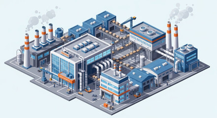 Obraz premium Isometric Illustration of a Modern Industrial Factory with Smokestacks.