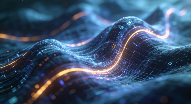 Blue digital wave with glowing orange lines, data flow visualization, tech background for presentations and websites