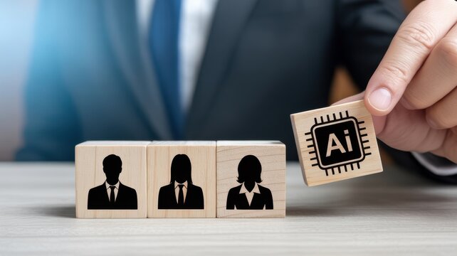 Business person placing wooden block with AI chip icon among human team blocks