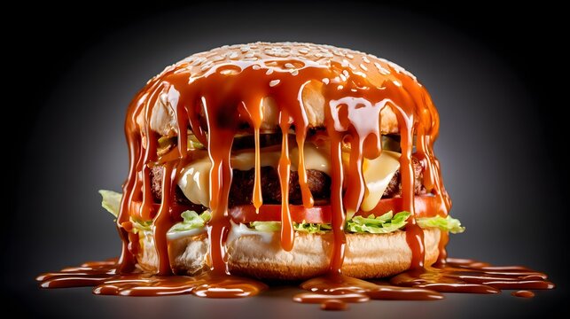 cheeseburger with lettuce tomato pickles and dripping sauce isolated on dark gradient background