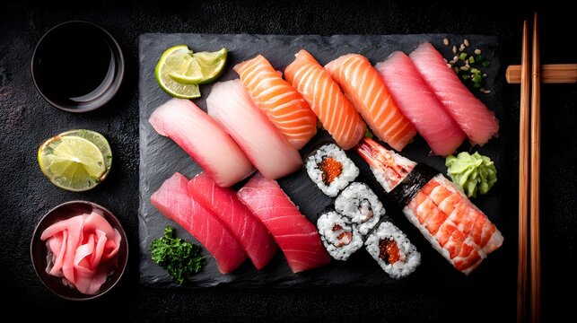 platter with premium cuts of tuna salmon and uni arranged beautifully on dark slate board