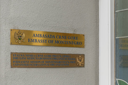 15 March 2026, Vienna, Austria. Embassy of Montenegro signage on exterior building wall