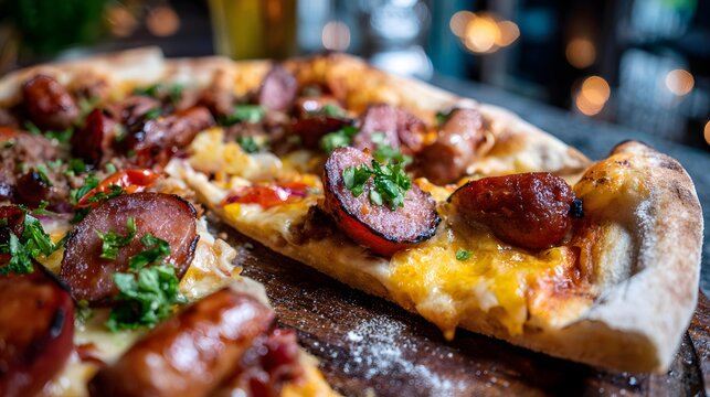 and sausage pizza on wooden board with visible oil shine and melted cheese texture