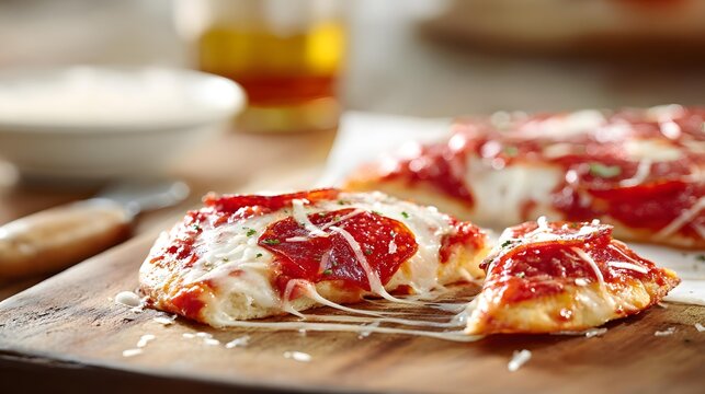 and sausage pizza on wooden board with visible oil shine and melted cheese texture