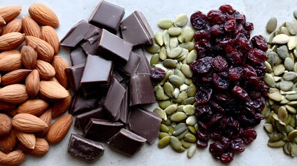 Obraz premium flat lay featuring dark chocolate almonds dried cranberries and pumpkin seeds on neutral backdrop clean styling