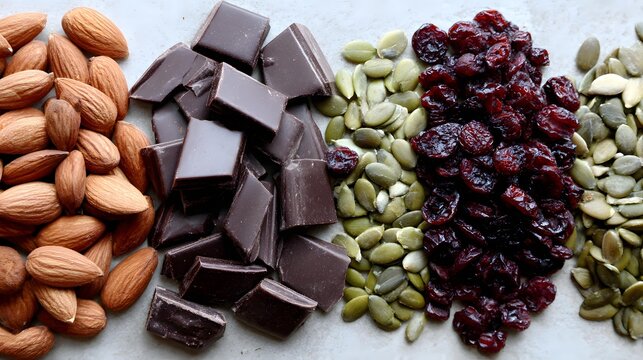 flat lay featuring dark chocolate almonds dried cranberries and pumpkin seeds on neutral backdrop clean styling