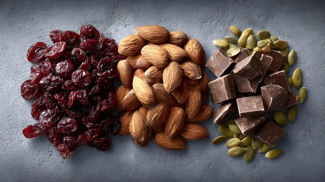 flat lay featuring dark chocolate almonds dried cranberries and pumpkin seeds on neutral backdrop clean styling