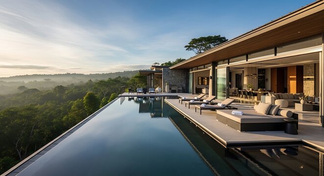 Luxury Modern Villa with Infinity Pool Overlooking Tropical Jungle at Sunset