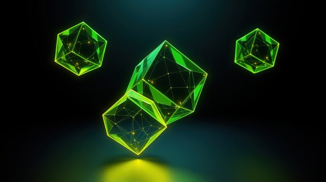Glowing green geometric shapes float against dark background. Lines connect vertices creating complex polyhedral forms. Bright light illuminates surfaces.