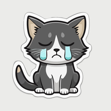 Sad cartoon cat crying with tears