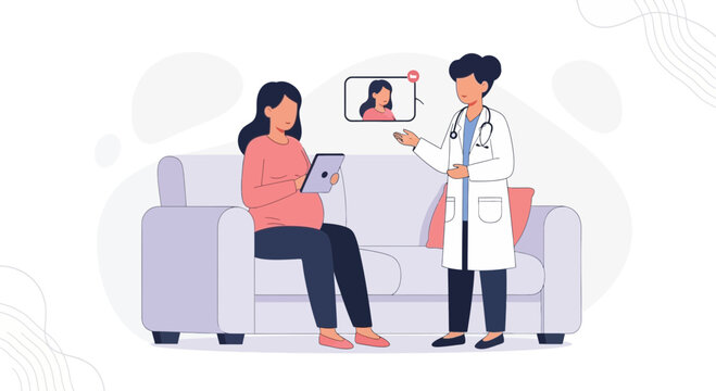Pregnant woman consults doctor online via video call on tablet at home