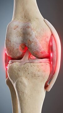 Knee joint pain inflammation arthritis cartilage ligament meniscus bone anatomy medical illustration showing damaged cartilage sore tissues red glow highlighting arthritis osteoarthritis around bone