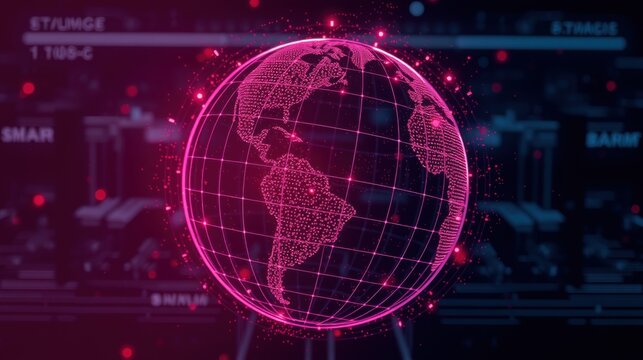 Digital globe visualization. Pink lines form continents, oceans. Background shows data streams, abstract technology elements. Futuristic concept.