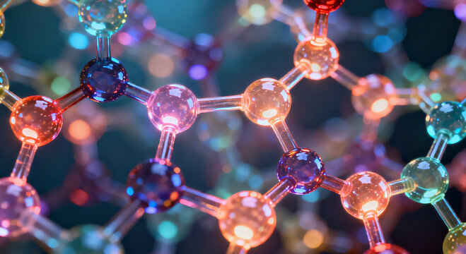 Colorful molecular structure with glowing nodes, biotechnology concept, for science and medical visuals
