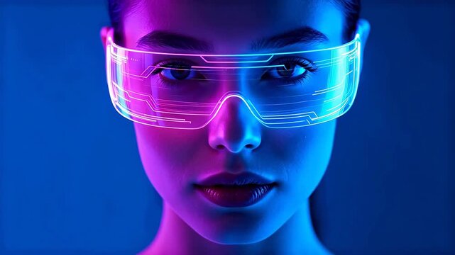 Person wearing futuristic smart glasses with neon circuits in dark studio