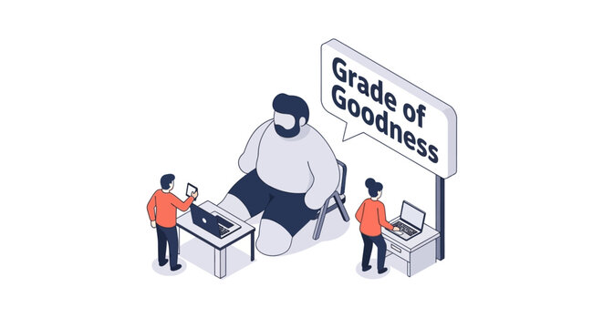 Isometric illustration of a man being graded for goodness by people.
