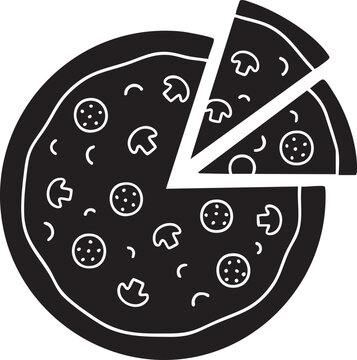 Black pizza icon, pizza pie symbol, food illustration, vector graphic