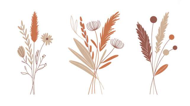 Golden wheat ears with leaves in a simple nature vector design isolated on white background