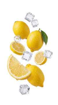 Zesty lemons with a fresh leaf and ice cubes in motion, isolated on a transparent background for vibrant designs.