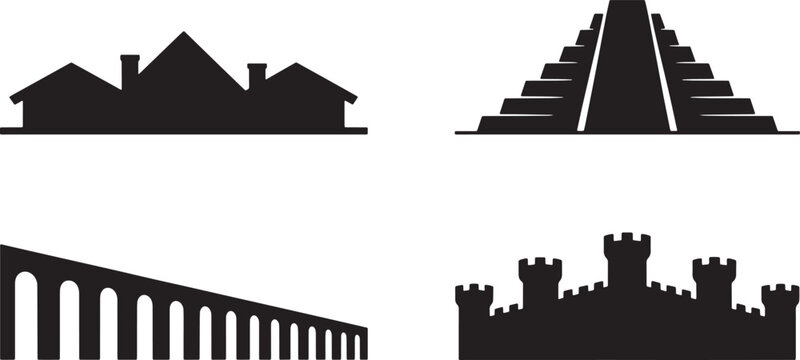 Vector Silhouette Set Featuring House Rooflines and a Stepped Ancient Mesoamerican Temple Icon