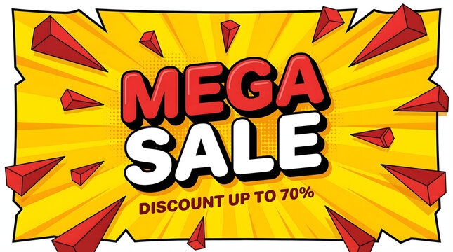 Vibrant mega sale discount banner with red crystals on yellow background
