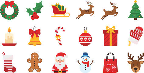 Christmas holiday icon vector set with wreath sleigh reindeer tree Santa gingerbread snowman and gifts, festive winter collection in cute cartoon style © MdMostafijur