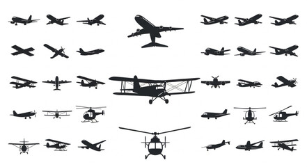 Collection of various aircraft silhouettes isolated on white background. © Fuck