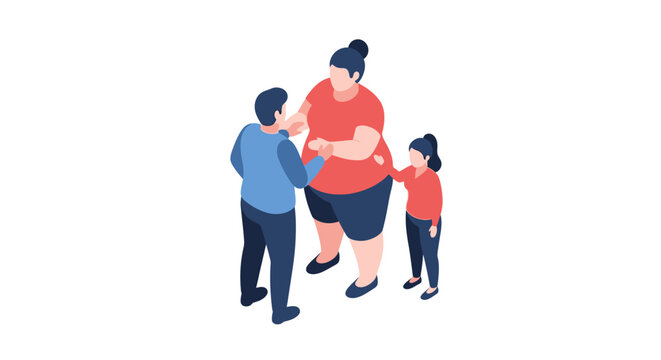 Isometric illustration of a family of three people, happy and together.