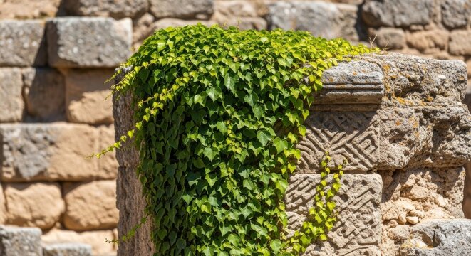 Green ivy climbing ancient stone wall