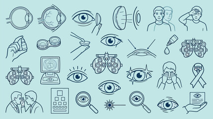 Fototapeta premium Collection of illustrations depicting various aspects of eye care, vision testing, and ophthalmology procedures.