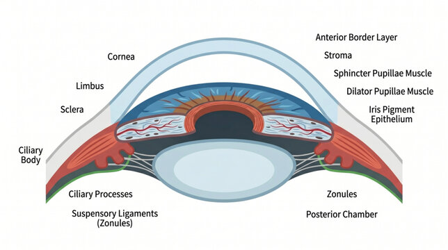 Anatomical diagram of human iris ciliary body and anterior chamber