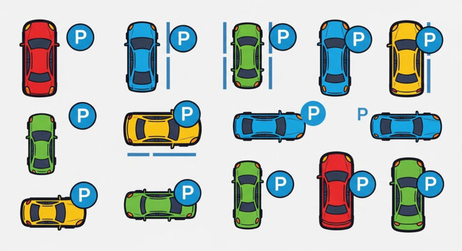 Various cars parked in different parking spaces illustration.