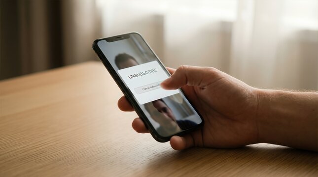 Hand holding smartphone displaying unsubscribe button, symbolizing digital detox and unplugged lifestyle, promoting slow life and mindful living choices