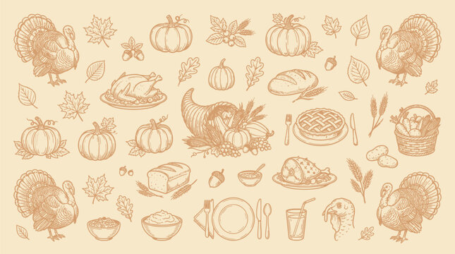 A charming sepia-toned illustration featuring a delightful collection of Thanksgiving-themed elements, including turkeys, pumpkins, pies, and cornucopias, set against a textured background.