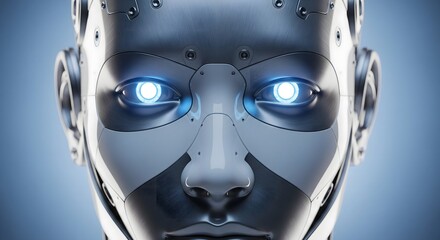 Fototapeta premium Close-up of a humanoid robot face with glowing blue eyes and metallic cybernetic features