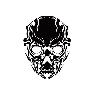 Stylized black skull illustration with tribal and abstract design elements on a white background.