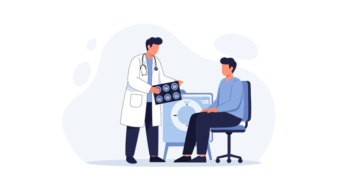 Doctor showing MRI scan to patient in clinic, medical consultation concept