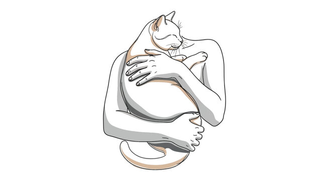 Vector illustration of cat and human hug, affectionate animal lover, cute pet owner, heartwarming moment