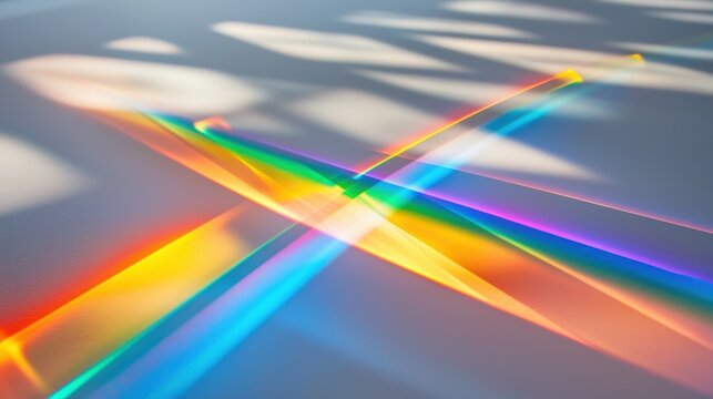 Laser wavelength splitting prismatic diffraction creating vibrant rainbow spectrum interference patterns across gradient surface minimal composition
