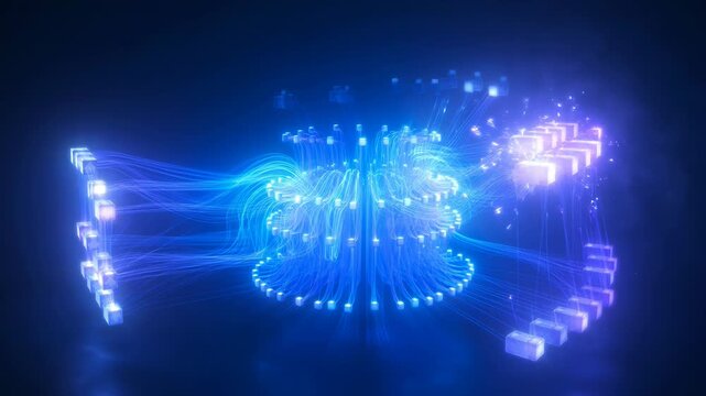 Glowing blue nodes connect via flowing light strings in dark abstract network