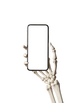 Skeleton hand holding a smartphone.