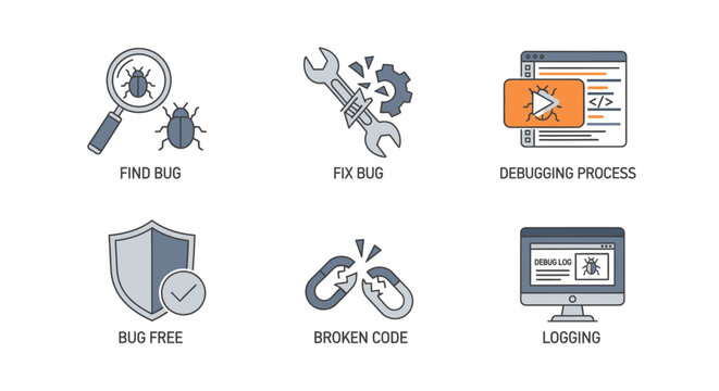 Set of icons representing software bug fixing and debugging process.