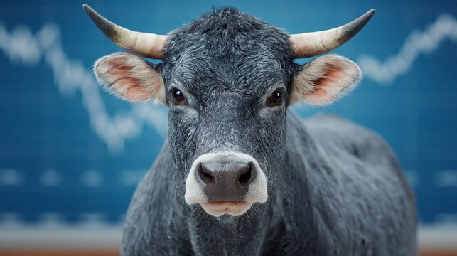Close-up of a gray cow with prominent horns against a blue background featuring a financial graph, symbolizing agriculture and market trends in livestock