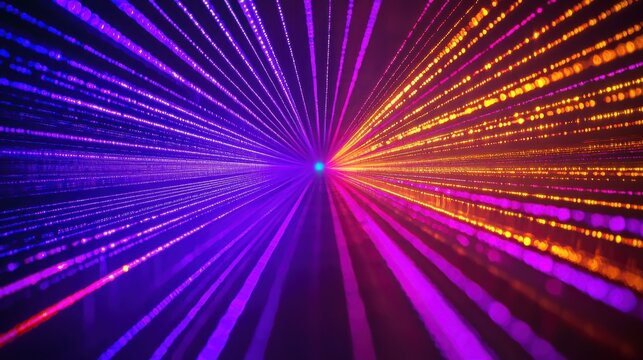 Laser speckle dynamics radial burst pattern purple orange gradient macro photography coherent light interference multicolored optical phenomena abstract visualization