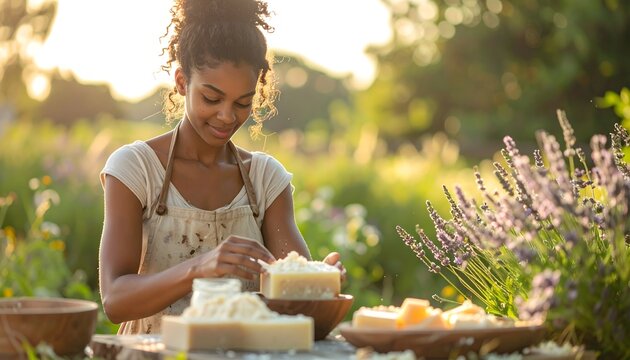 Mujer elaborando jab&oacute;n artesanal al aire libre con ingredientes naturales y lavanda
